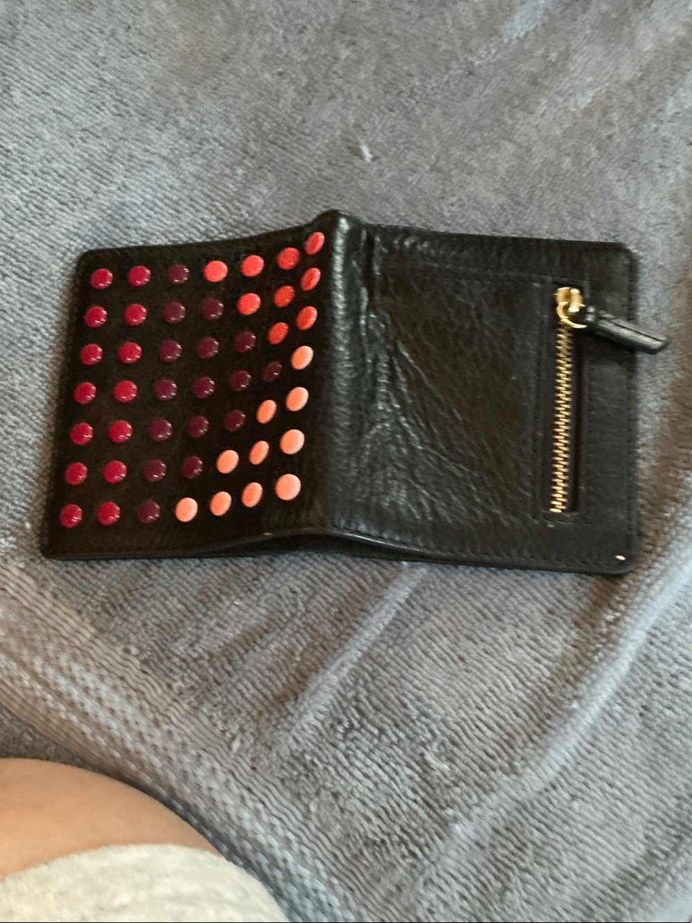 Fossil Black Leather Card Holder with Gradient Pink and Orange Studs